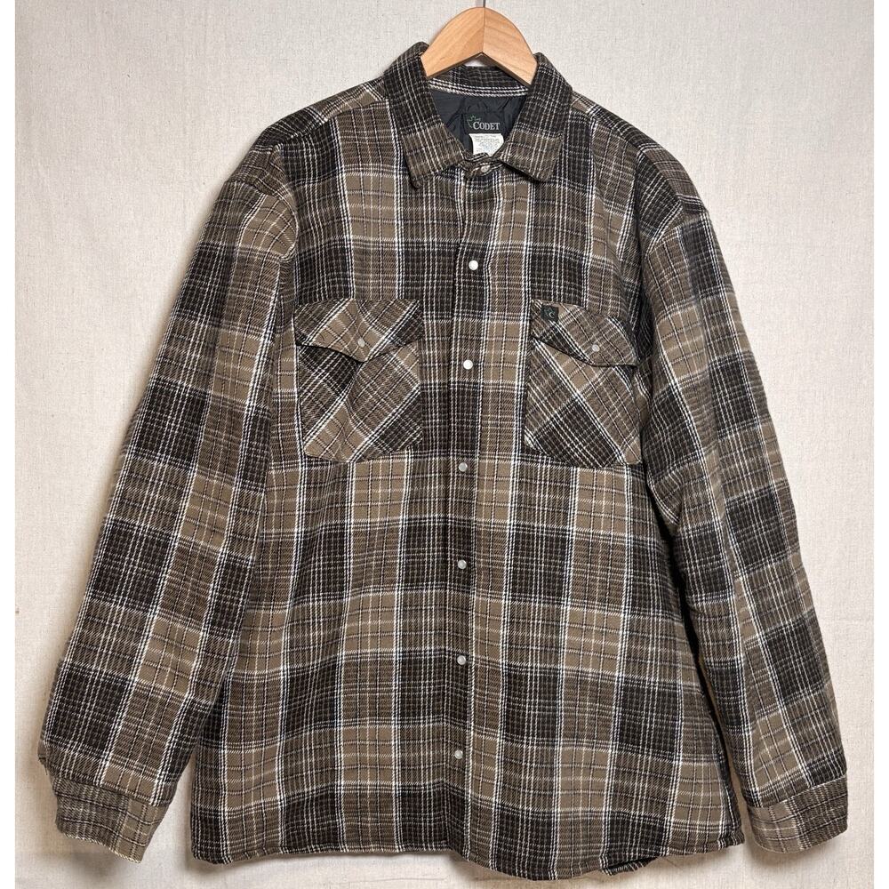 Vintage Codet Mens Quilted Lined Shirt Jacket Plaid Size L Pearl Snap Flannel